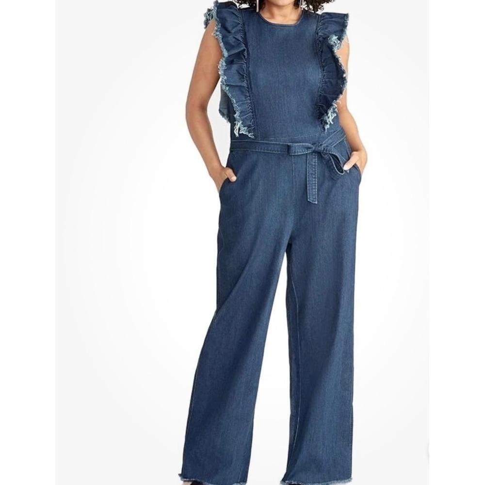 Denim Jumpsuit Ruffle Sleeveless Belted‎ Wide Leg Dark Wash Casual Modern SZ 16W